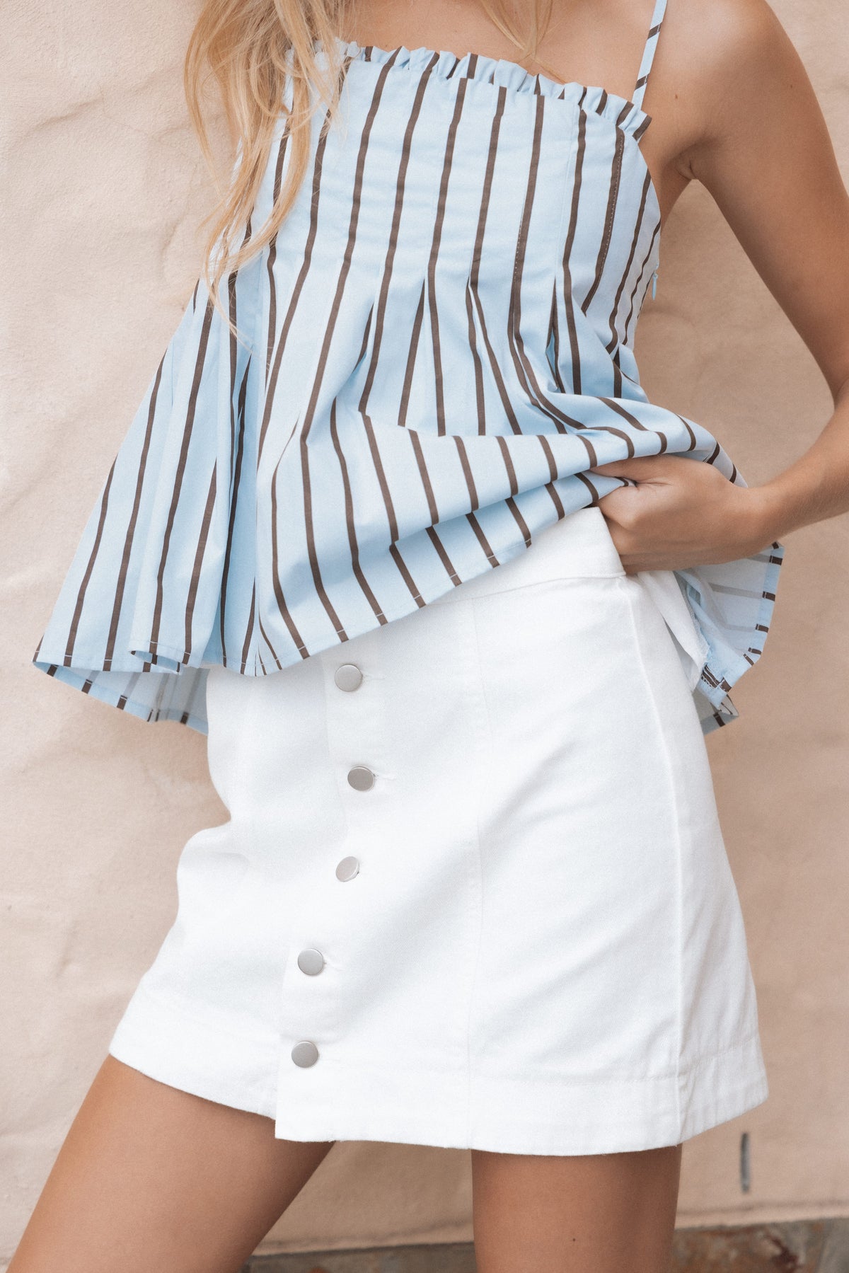 Sara Button Front Denim Mini Skirt - Off White