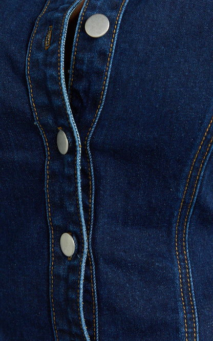 Paige Top - Button Down Short Sleeve Denim Top in Dark Blue Wash