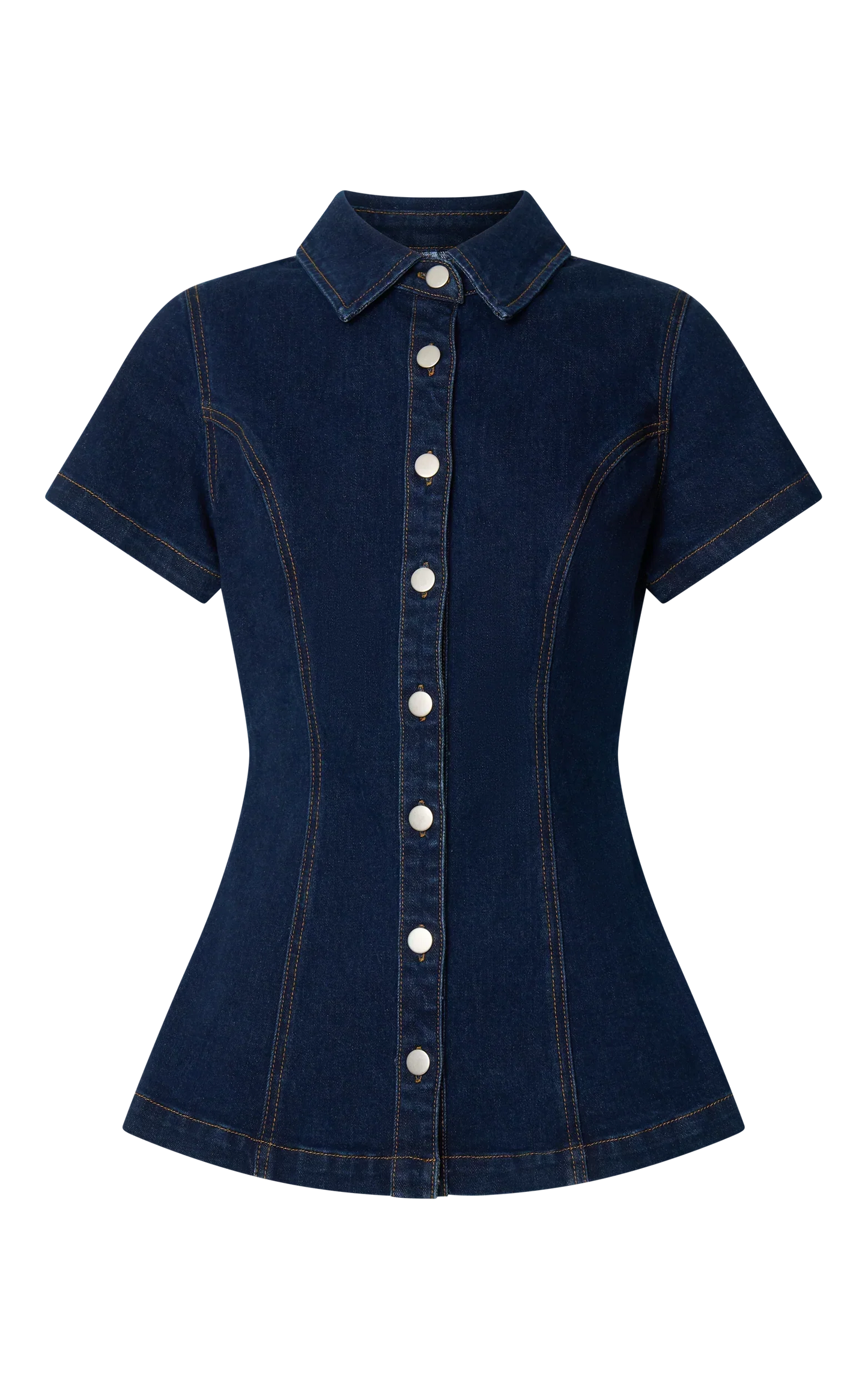Paige Top - Button Down Short Sleeve Denim Top in Dark Blue Wash