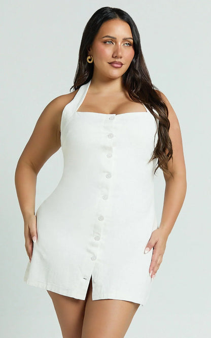 Ricki Mini Dress - Linen Halter Neck Shift Dress in White
