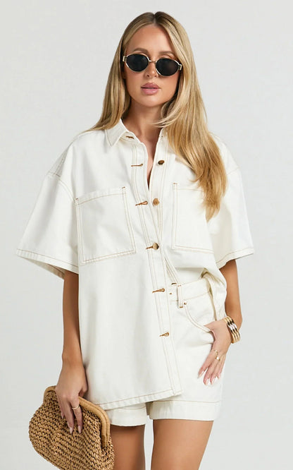 Rhianna Shorts - Mid Waist Recycled Denim Shorts in Ecru with Contrast Tobacco Stitch
