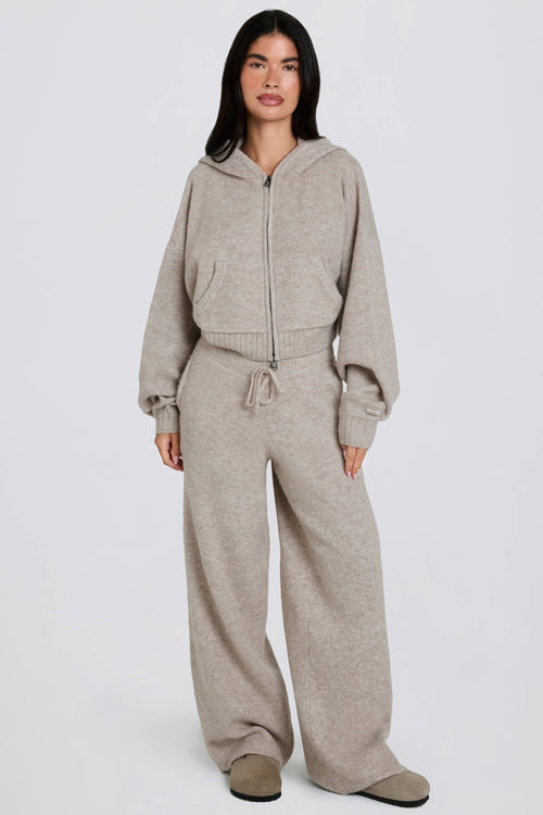 Knit Mid-Rise Wide-Leg Joggers in Beige
