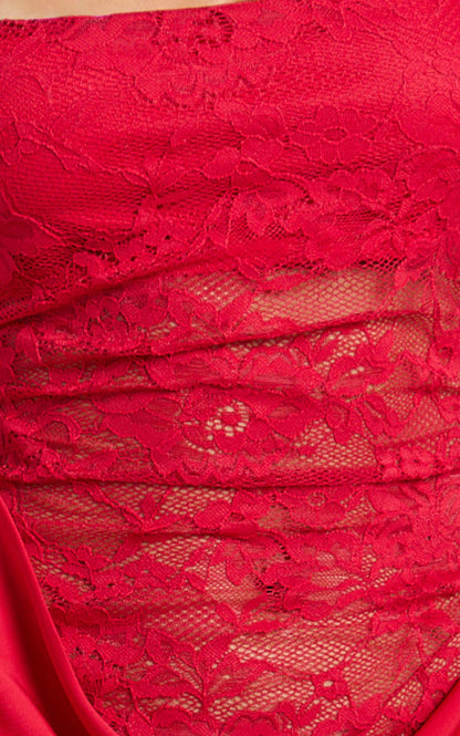 Rania Maxi Dress - Contrast Lace Bodice Bias Cowl Drop Waist Dress in Red
