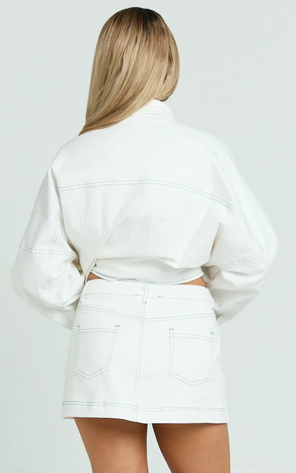Richelle Skort - Mid Waisted Mini Skirt With Contrast Stitch Detail in Off White