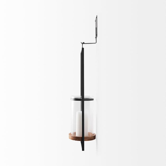 Avram 5.9L x 7.1W x 24.0H Black Metal Frame and Wood Hanging Candle Holder