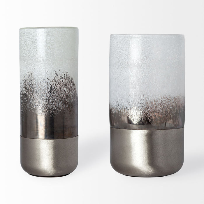 Baltic I Tall White Brushed Silver Metal Bottom Glass Vase