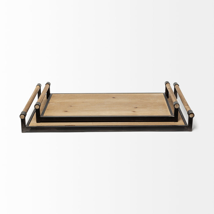 Benson Set of 2 Brown Wood Black Metal Trays