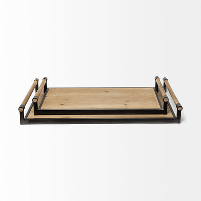 Benson Set of 2 Brown Wood Black Metal Trays