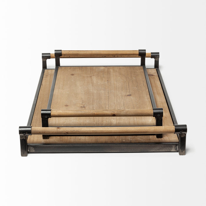 Benson Set of 2 Brown Wood Black Metal Trays
