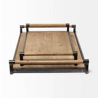 Benson Set of 2 Brown Wood Black Metal Trays