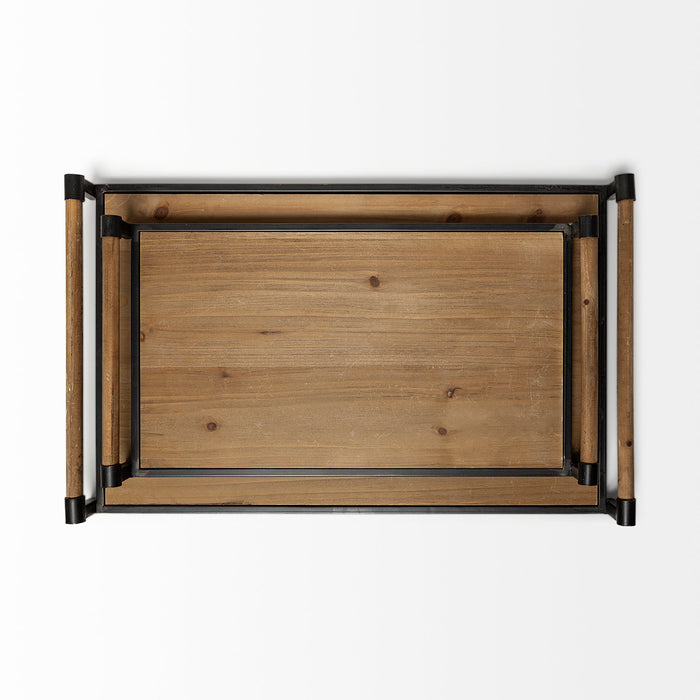 Benson Set of 2 Brown Wood Black Metal Trays