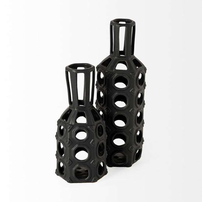 Brunel Small Black Drum-Shaped Ceramic Vase