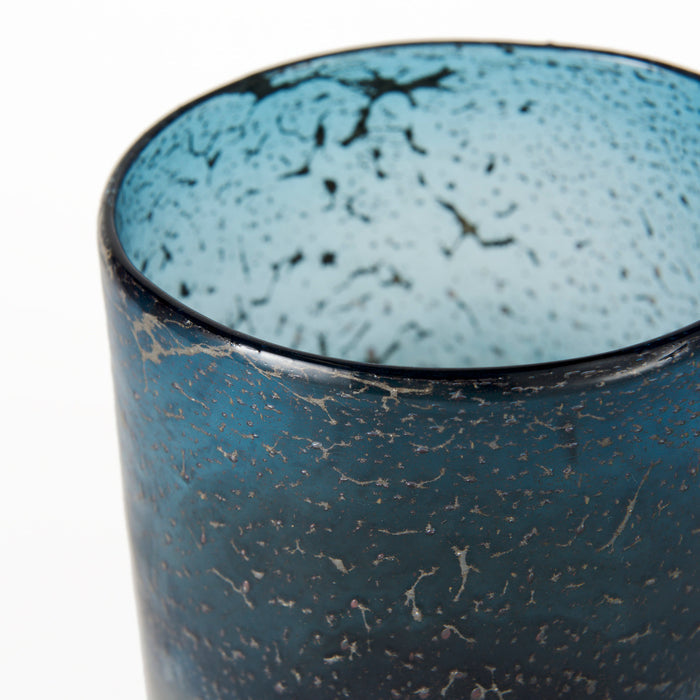 Caspian II Short Blue Glass Antiqued Brass Bottom Vase