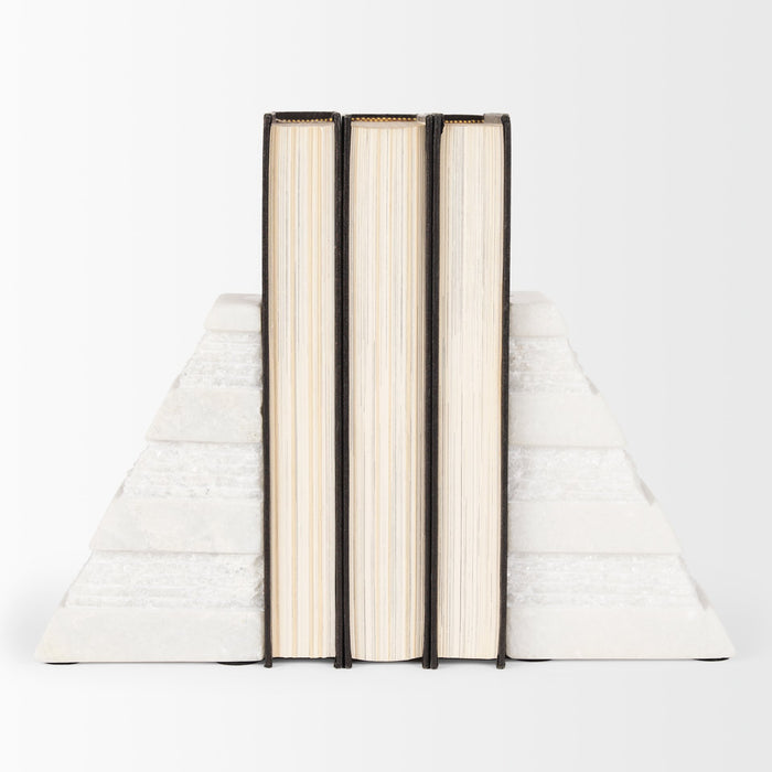 Cavetto White Marble Bookends w/rough carving S/2