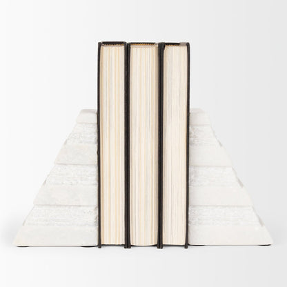 Cavetto White Marble Bookends w/rough carving S/2