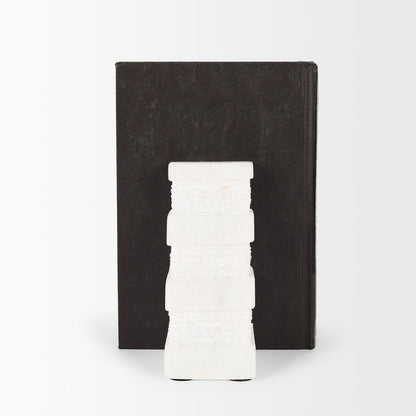 Cavetto White Marble Bookends w/rough carving S/2