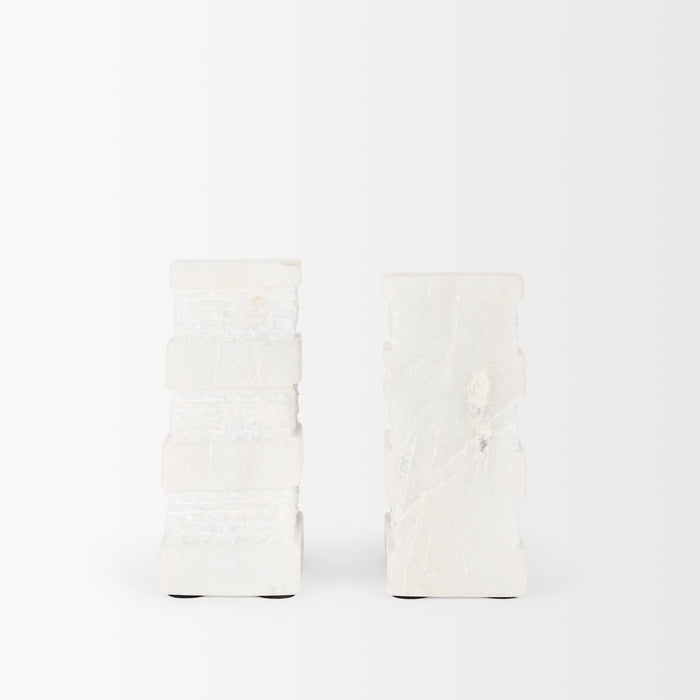 Cavetto White Marble Bookends w/rough carving S/2
