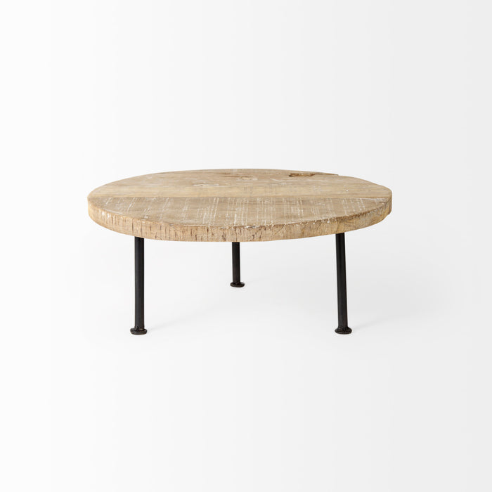 Cedric 15L x 15W x 6H Round Light Brown Wood w/ Black Metal Legs Decorative Display Stand