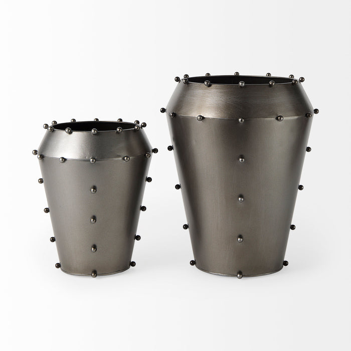 Elio 12.2H Large Gun Metal Gray Metal W/Studs Vase