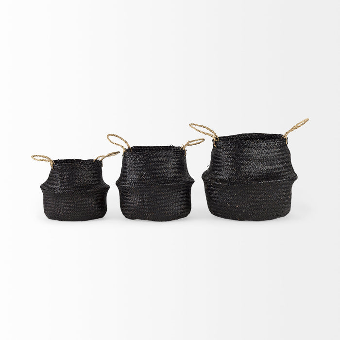 Ella 9.8L x 9.8W x 11.0H (Set of 3) Black Seagrass Basket W/ Light Brown Handles