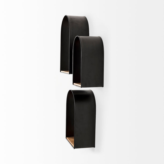 Finley Set of 3 Black Metal W/Wood Wall Shelves