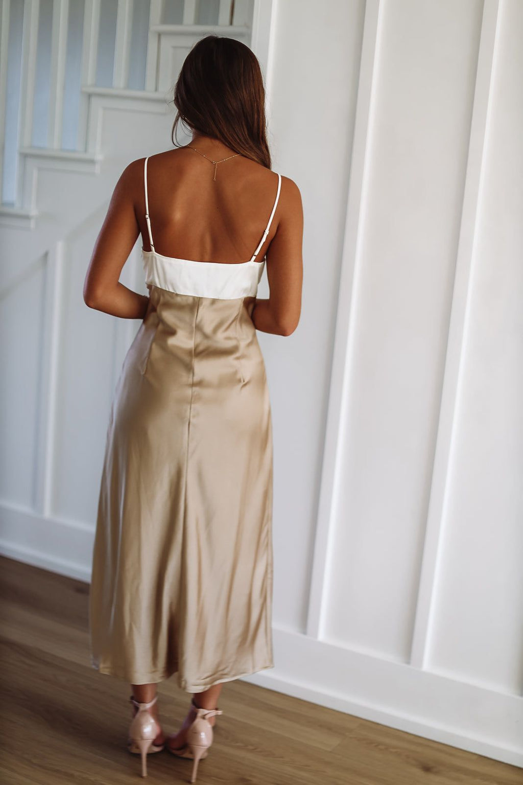Fashionably On Time Satin Midi Dress -  Ivory and Taupe