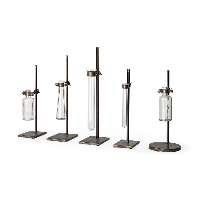 Jarvis Set of Five Dark Brown Metal and Glass Chemistry Inspired Bottles