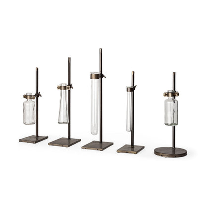 Jarvis Set of Five Dark Brown Metal and Glass Chemistry Inspired Bottles
