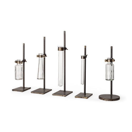 Jarvis Set of Five Dark Brown Metal and Glass Chemistry Inspired Bottles