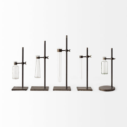 Jarvis Set of Five Dark Brown Metal and Glass Chemistry Inspired Bottles