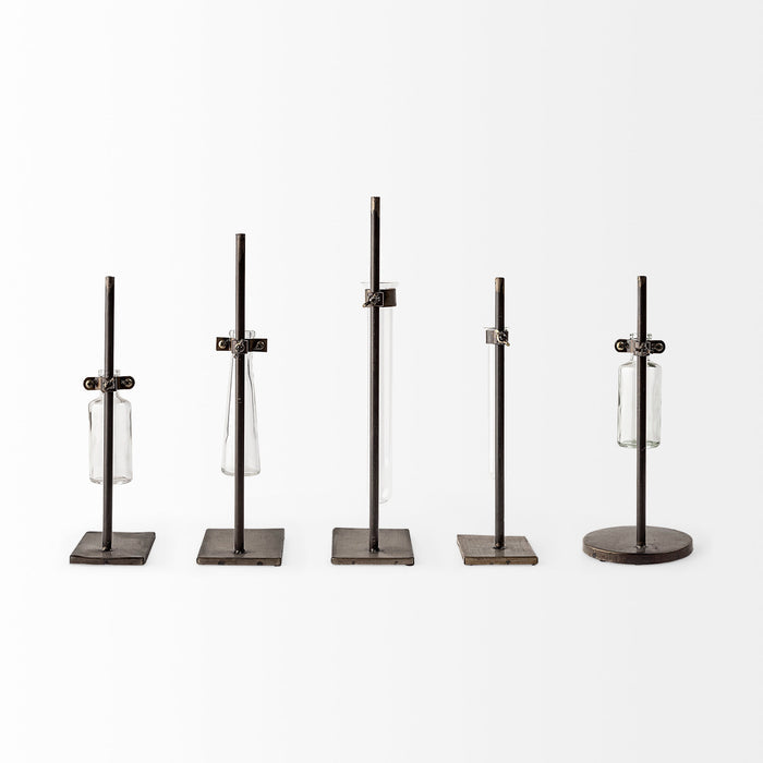 Jarvis Set of Five Dark Brown Metal and Glass Chemistry Inspired Bottles