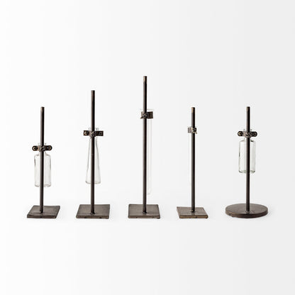 Jarvis Set of Five Dark Brown Metal and Glass Chemistry Inspired Bottles