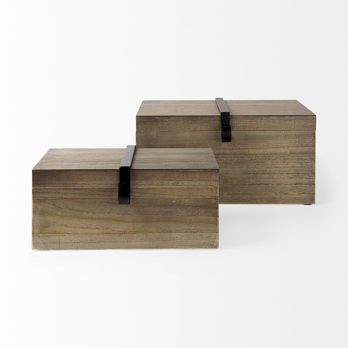 Josh 15.9L x 11.6W x 8.3H Set Of Two Light Brown Wood W/ Metal Detail Boxes