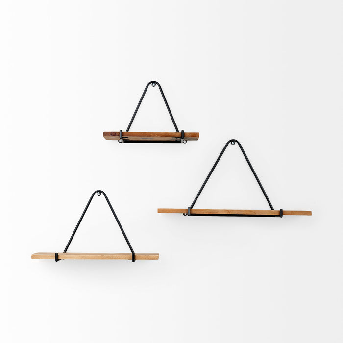 Khufu 18.9L x 5.5W x 10.2H Set of Three Brown Wood W/ Black Metal Triangular Hanging Shelves
