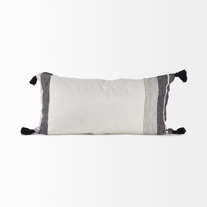 Kimia 14L x 26W White and Black Fabric Herringbone and Fringed Decorative Pillow Cover