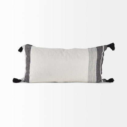 Kimia 14L x 26W White and Black Fabric Herringbone and Fringed Decorative Pillow Cover