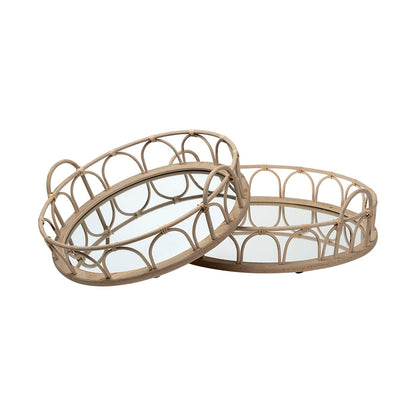 Leona (Set of 2) Natural Wicker Woven Mirrored Base Nesting Trays