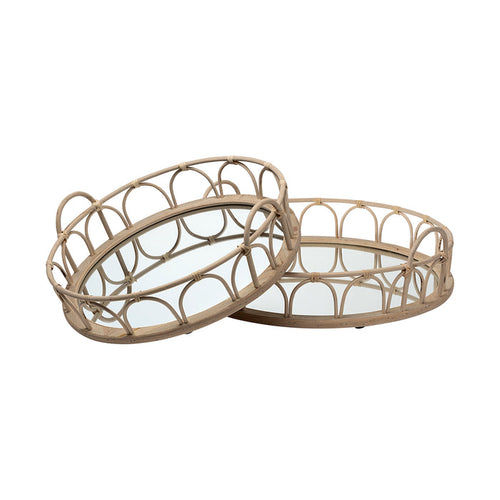 Leona (Set of 2) Natural Wicker Woven Mirrored Base Nesting Trays