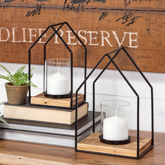 Leopold Set of Two Black Metal Wooden Base Table Candle Holders