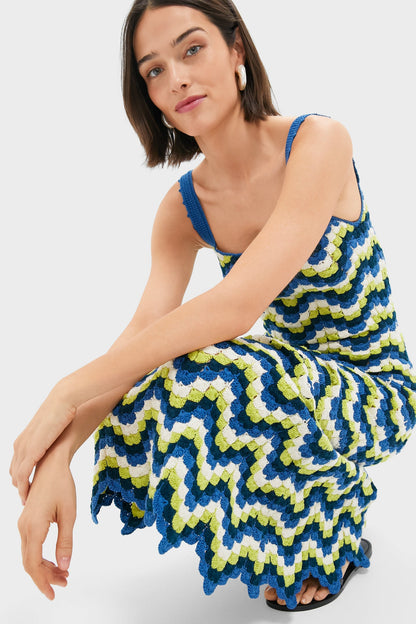 Blues and Lime Green Marea Crochet Maxi Dress