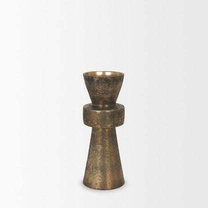Odilia Small Textured Antiqued Gold Metal Geometric Pillar Candle Holder