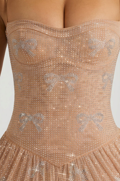 Embellished Strappy Skater Mini Dress in Almond