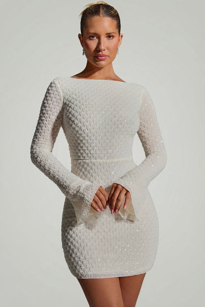 Embellished Open-Back A-Line Mini Dress in White
