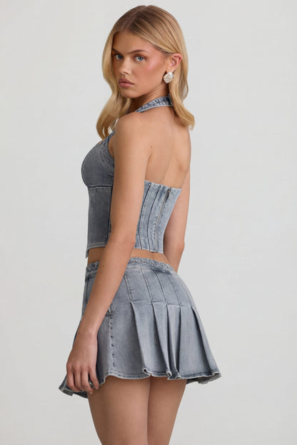 Low-Rise Pleated Mini Skirt in Light Blue