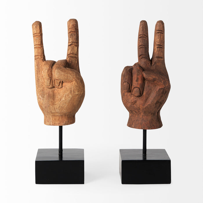 Pacem 4L x 4W Natural Wooden Carved Peace Sign Hand