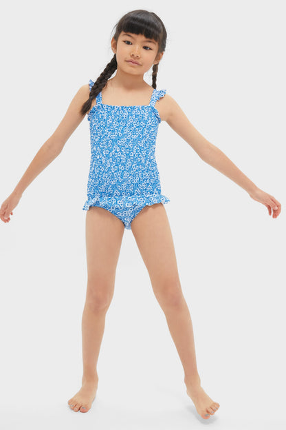 Blue Floral Smocked One Piece with Ruffle Skirt