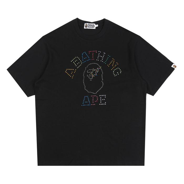 Rhinestone College Relaxed Fit T-Shirt - Black