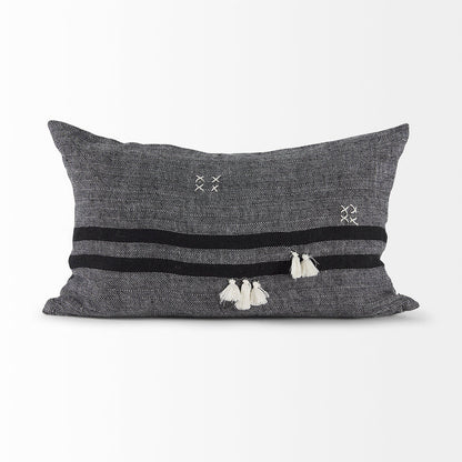 Sibyl 13L x 21W Black Fabric Striped and White Fringed Decorative Pillow Cover