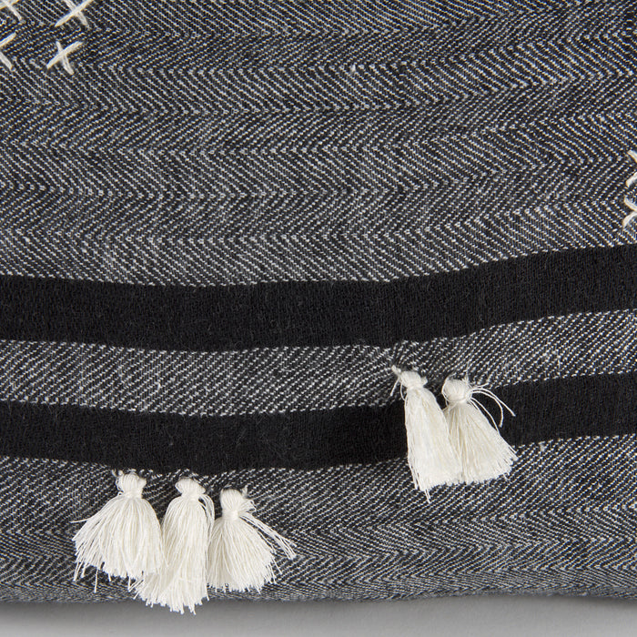 Sibyl 13L x 21W Black Fabric Striped and White Fringed Decorative Pillow Cover