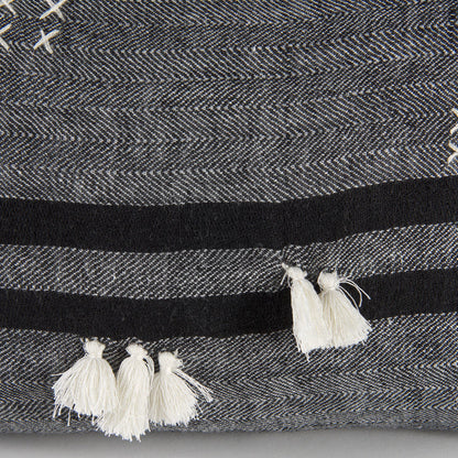 Sibyl 13L x 21W Black Fabric Striped and White Fringed Decorative Pillow Cover
